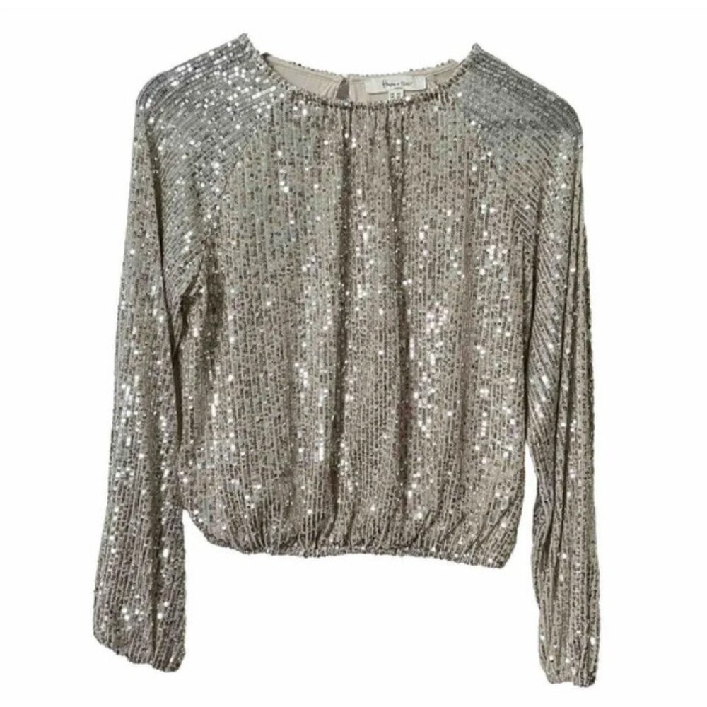 Haver  Blair Silver Sequin Sparkling Long Sleeve Top Holiday Party XS